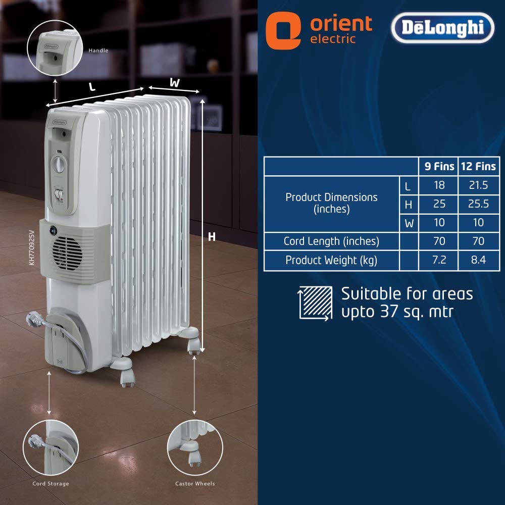 DELONGHI KH770925V 9 Fin Oil Filled Radiator Room Heater with Fan